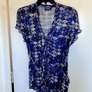 Boutique style lapis gray cream sheer crinkly top